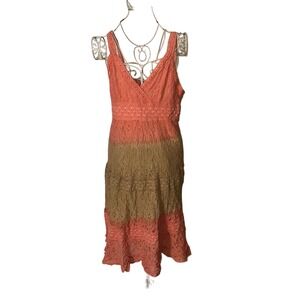 Y2K Magic Coral Pink Olive Green Lace Tiered Midi Dress Boho Cotton Crochet 2X